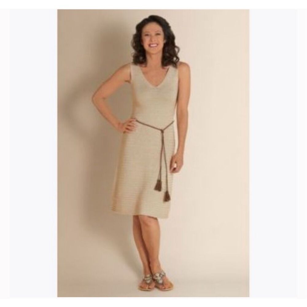 NWT Soft Surroundings V-Neck Crochet Knit Tank Sheath Dress Beige Gold Metallic